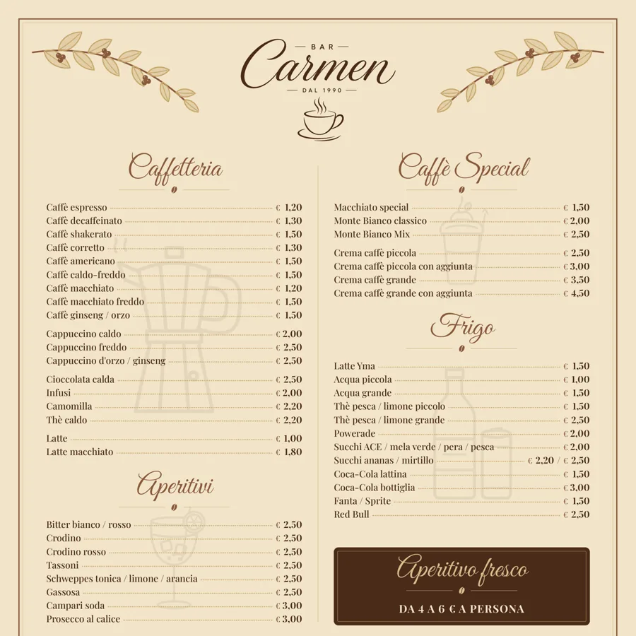 Dettaglio del listino prezzi stampato per Bar Carmen: il logo, le colonne della caffetteria e dei caffè special con i prezzi