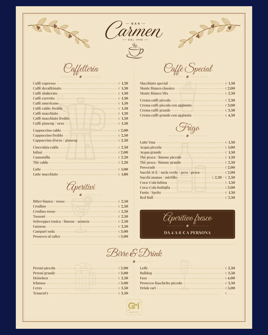 Il listino prezzi di Bar Carmen preparato per la stampa: caffetteria, caffè special, aperitivi, frigo e birre, con i prezzi in colonna